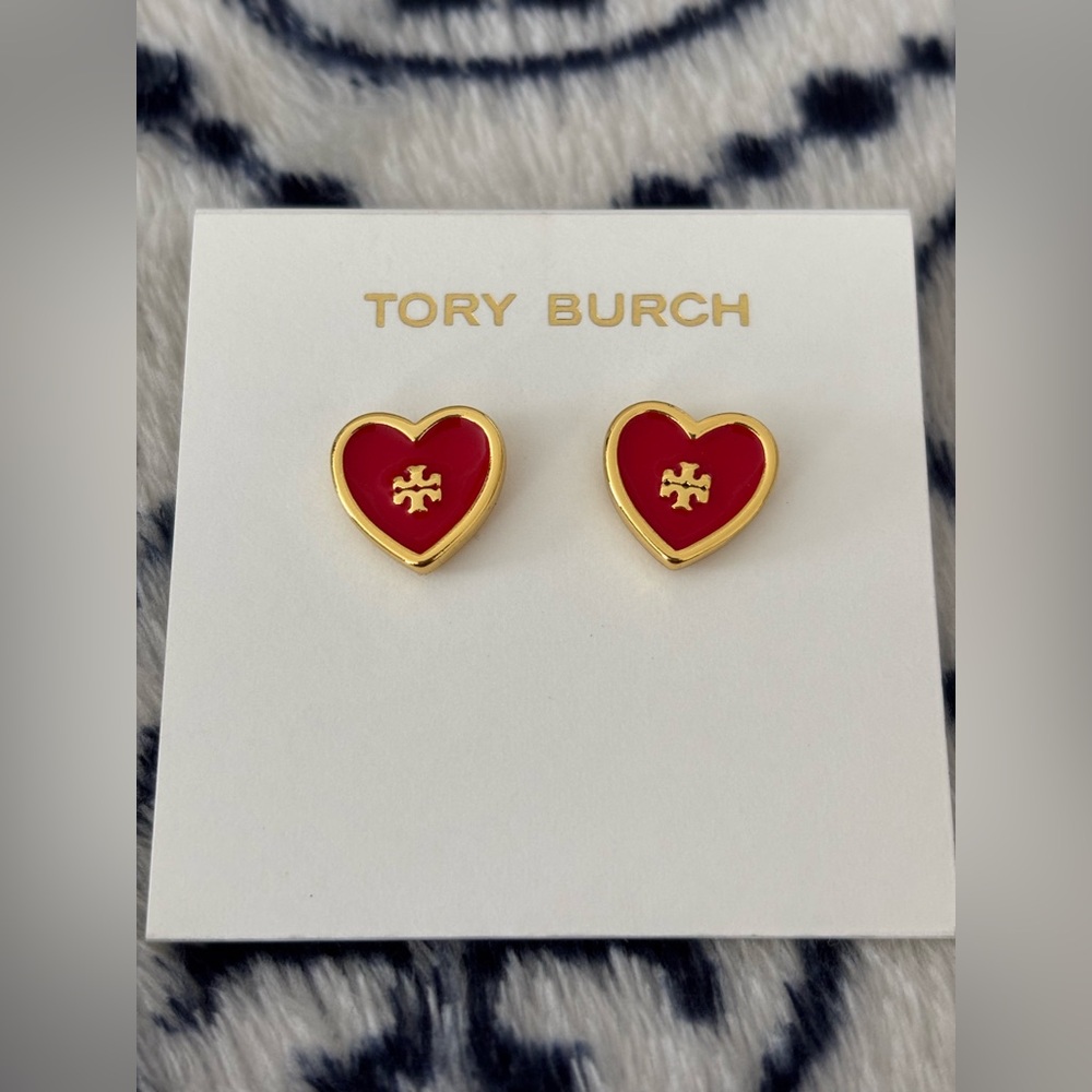 Tory Burch Kira Enamel Heart Stud Earrings & Dust Bag